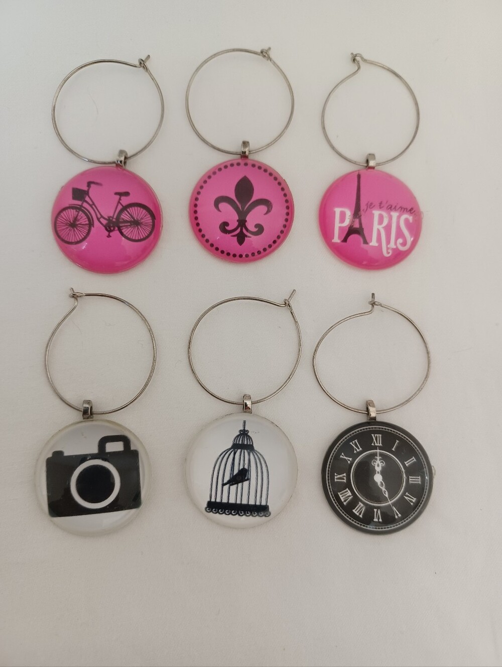 3/$25 SALE SET OF 6 Vintage Wine Glass Charms Parisian Theme Pink White Black